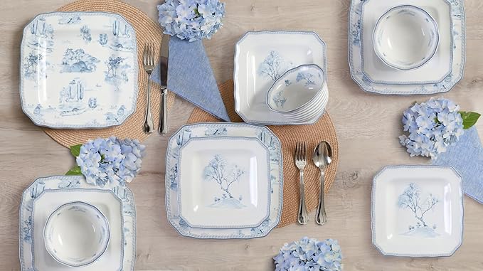 222 Fifth 12-Piece Porcelain Dinnerware Set for 4 Glossy White Plates and Bowls Set with Blue Decal Elegant Square Ceramic Dish Set Kitchen Tableware Microwave &amp Dishwasher Safe Scenic Toile