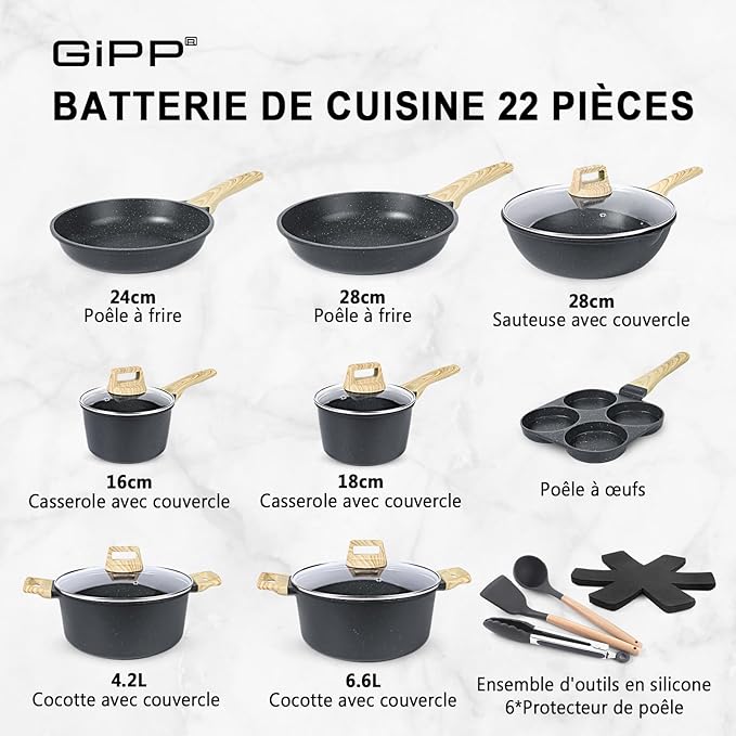 GiPP Pots and Pans Set Non Stick - 22 Pcs Grey Granite Kitchen Cookware Sets Nonstick Induction Cookware Non-toxic Cooking Pan Set with Lids PFOS and PFOA Free