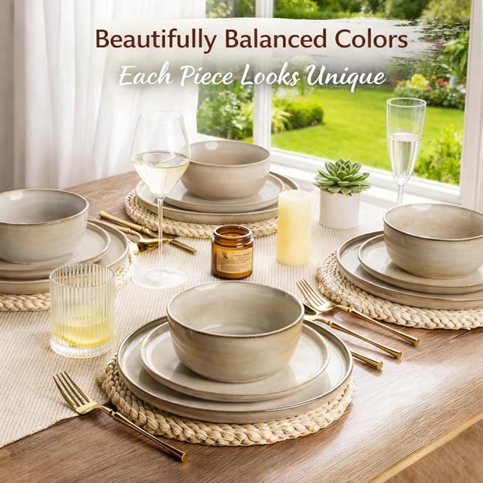 AmorArc Stoneware Dinnerware SetsRound Reactive Glaze Plates and Bowls SetHighly Scratch Resistant | Dishwasher &amp Microwave Safe Dishes SetService for 4 (12pc)