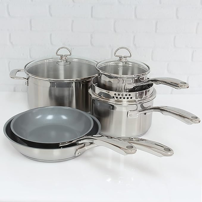 Chantal Induction 21 Steel 8 Piece Cookware Set with Ceramic Coated Fry Pans 8 pc Set
