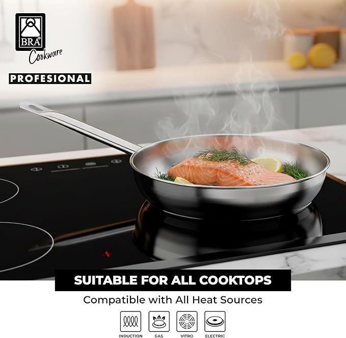 BRA COOKWARE Profesional 9-Piece Stainless Steel Cookware Set | Professional Pots &amp Pans Set | Kitchen Set w/ 2 Pots 1 Sauté Pan 3 Frying Pans 3 Lids | All Heat Sources Compatible | PFOA Free