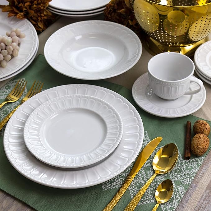 20 Piece White Porcelain Dinnerware Set with Mugs and Saucers – Embossed Arched Design Service for 4 Microwave &amp Dishwasher Safe