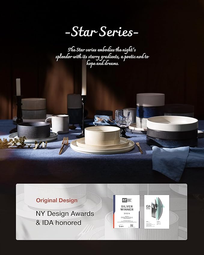 Famiware Star Dinnerware Set with Plates and Bowls Service for 4 (16-Piece) Stoneware Kitchen Dishes Dinner Sets - Vanilla White