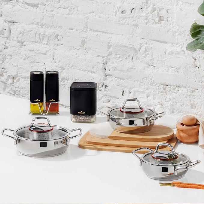 KARACA Emirgan 6 Piece Stainless Steel Induction Shallow Pot Set 14 cm 16 cm 18 cm Dishwasher Safe Silver Shallow Pans Set