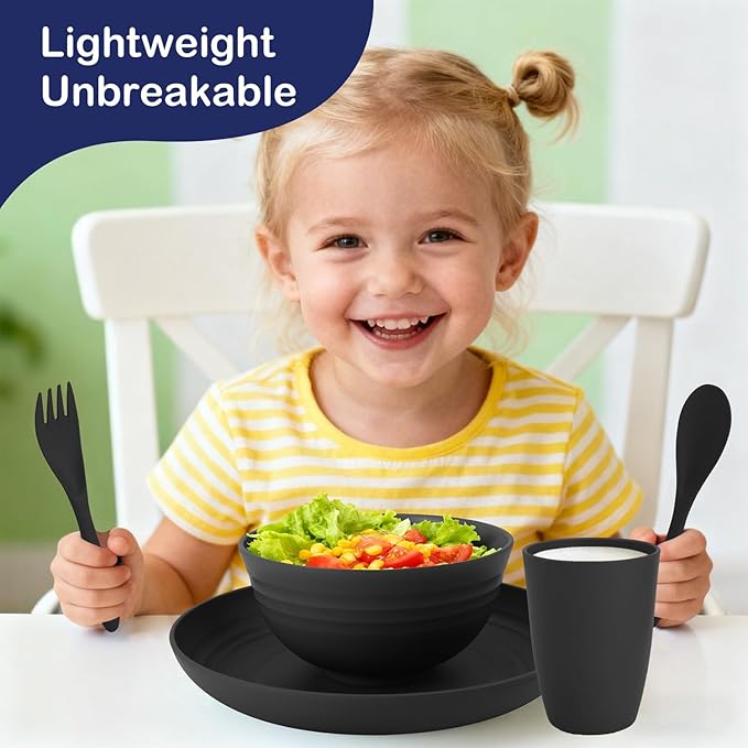 Wheat Straw Dinnerware Sets Unbreakable Kids Plates and Bowls Sets 20-Piece Service for 4 Alternative Plastic Outdoor Camping Dishes Microwave &amp Dishwasher Safe - Black