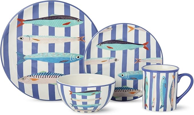 Something Fishy 16-Piece Ceramic DINNERWARE SETSERVICE for 4 Coastal Blue Striped Plates Mugs and Bowls with Artist-Designed Fish Artwork for Beach House Dining and Entertaining