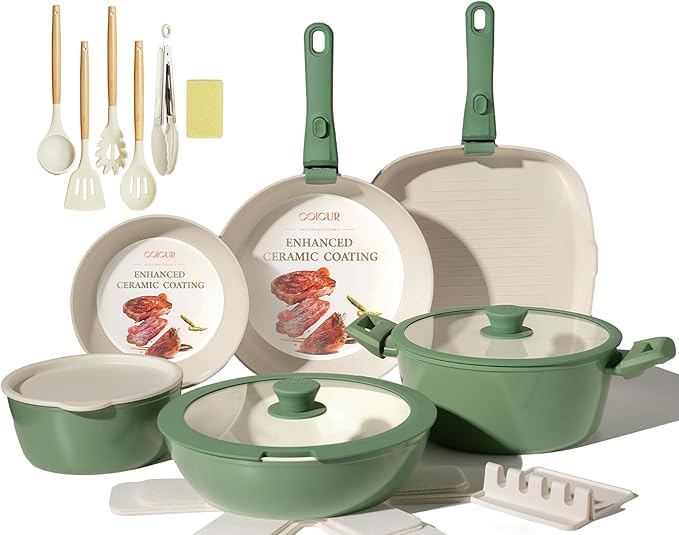 Ceramic Cookware Set Non Stick 23Pcs Pots and Pans Set Non Toxic with Detachable Handle Induction Kitchen Cookware Set Space Saving Oven &amp Dishwasher Safe Green