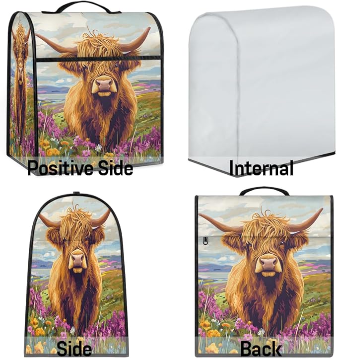 Kitchen Aid Mixer Cover Cute Highland Flowers Cow Stand Mixer Cover Compatible with 6-8 Quarts Stand Mixers Dust Covers with Zipper Pocket Foldable Washable Kitchen Aid Organizer Bag