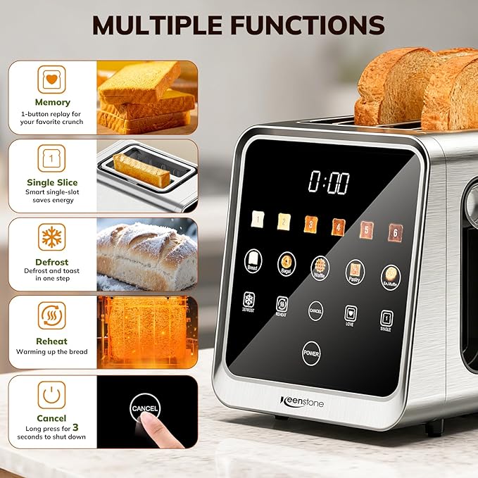 Keenstone Toaster 2 Slice Digital Smart Toaster with TouchScreen Dual Control Panel Single Slot Toasting Timer Reheat &amp Defrost for Bagels Bread Waffles Stainless Steel Kitchen Essentials