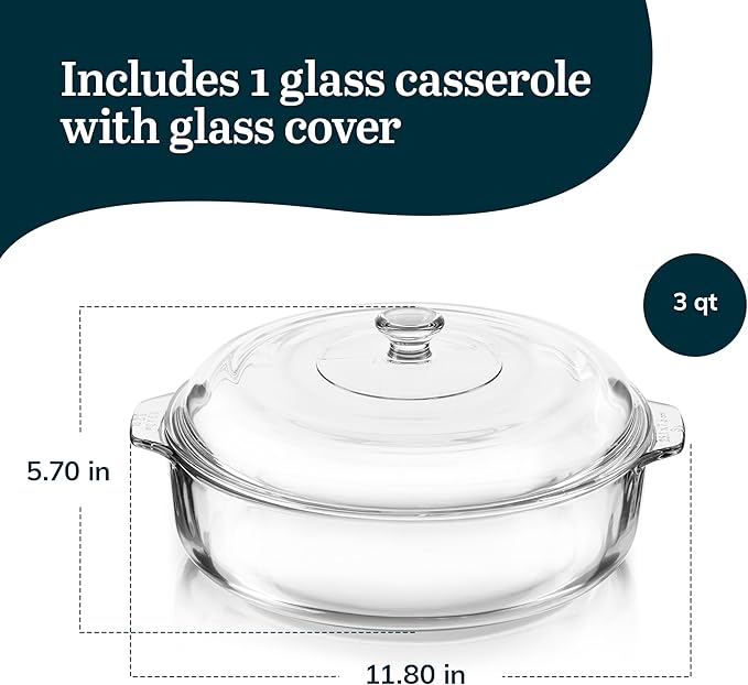 Libbey Round Casserole Dish with Lid Elegant Glass Bakeware with Lids Stackable Round Casserole Dishes for Oven Refrigerator Microwave and More