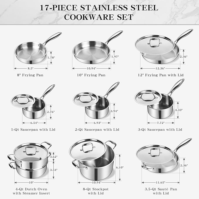 EWFEN Stainless Steel Cookware Set 3 Ply 17 Piece Stainless Steel Pot and Pan Set Oven Dishwasher Safe | Induction Compatible Frying Pans Saucepans Saute Pan &amp Stock Pot PFOA PTFE &amp PFOS