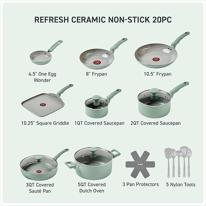 T-Fal Refresh Ceramic Nonstick Cookware Set 20-Piece Oven Safe to 350°F Stockpot Ceramic Pots and Pans Set Frying Pans Griddle Utensils Mint Green