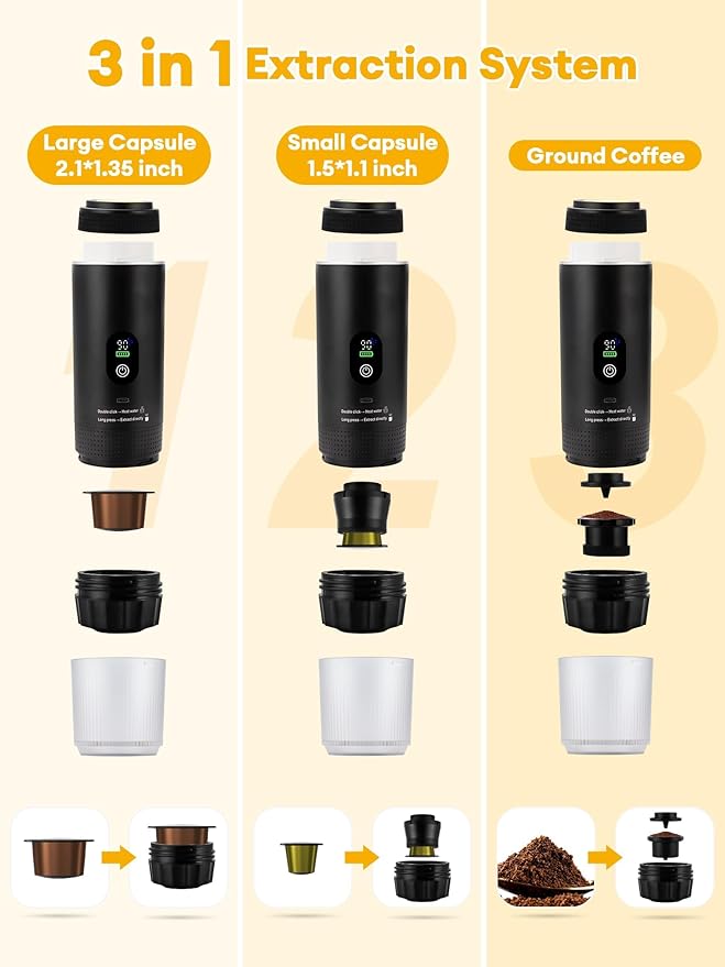 3 in1 Portable Espresso Machine with LED Display20 Bar PressureReal-Time Temp&ampBattery IndicatorPortable Coffee Maker Compatible with Ground Coffee &amp Capsules for TravelHome &amp Office