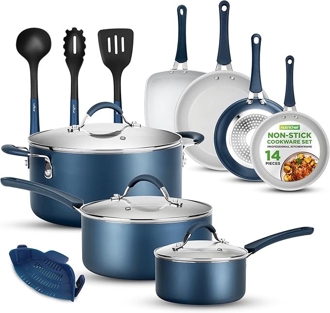 NutriChef High-Qualified Basic Kitchen Pots and Pans Set 14 Piece Induction Compatible Nonstick Cookware Set- Non Toxic Free of PTFE PFOA PFOS Easy Clean and Release One Size Blue