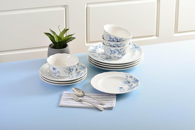 222 Fifth 12-Piece Porcelain Dinnerware Set for 4 White &amp Blue Plates and Bowls Set Glossy Ceramic Dish Set with Beautiful Floral Design Elegant Kitchen Dishes Microwave &amp Dishwasher Safe