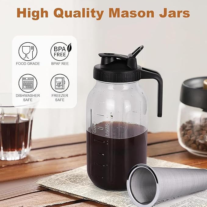 Cold Brew Coffee MakerJar Pitcher with Stainless Steel Filter Pour Spout Handle Lid Thick Glass Iced Coffee Maker Pitcher Jar for iced coffee Tea Lemonade (2000ml)