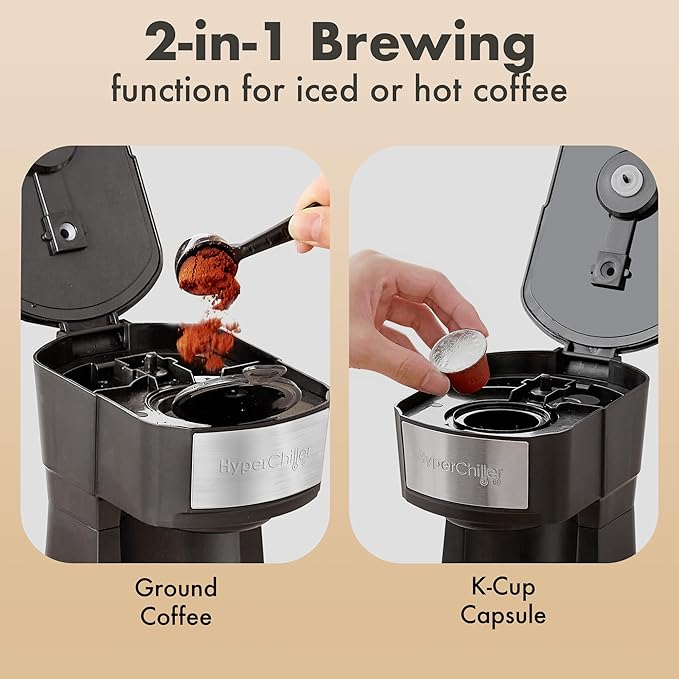 Elite Gourmet HyperChiller EHC210N Iced/Hot Coffee Maker K-Cup or Coffee Grounds 8 10 or 12oz Pours Removable K-Cup Holder and Reusable Mesh Filter Drip tray Black/Stainless-Steel