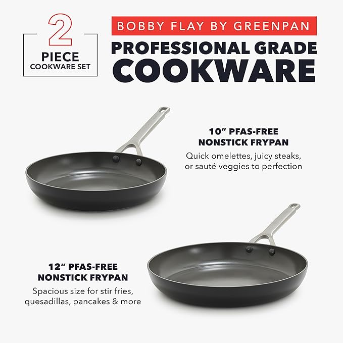 GreenPan x Bobby Flay 10” &amp 12” Hard Anodized Ceramic Nonstick Frying Pan Set PFAS-Free Induction Compatible Skillets Oven &amp Broiler Safe to 600˚F Dishwasher Safe Black