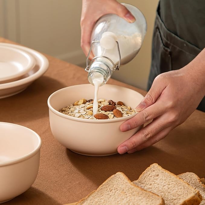 Timeworn Clay Cereal Bowls Set of 4 Hand-Finished Stoneware Bowls 6-Inch Farmhouse Soup and Oatmeal Bowl Microwave and Dishwasher Safe Creamy White