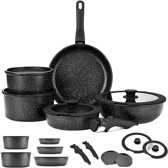 Cookware Set 9/11/15 Piece Nonstick Maifan Cookwares Sets with Detachable Handle Oven Safe Super Easily CleanSuitable for Kitchen (Black11-Piece Set)