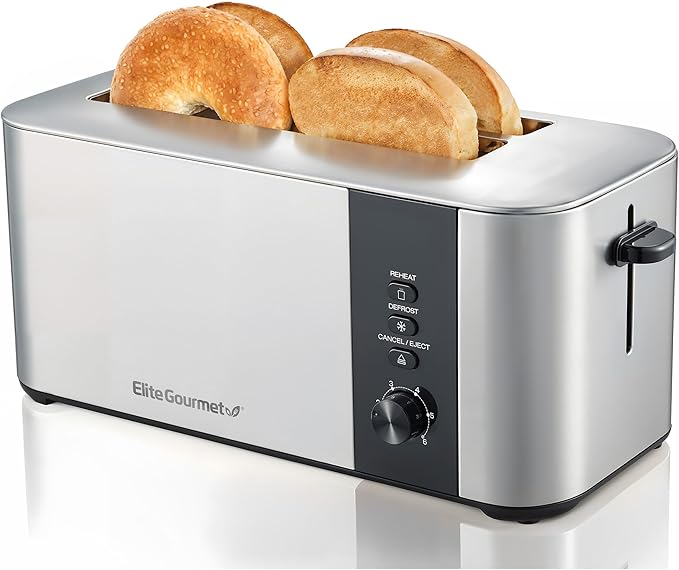Elite Gourmet ECT3401 Long Slot 4 Slice Toaster 1.5” Slot Width 6 Toast Shade Settings Reheat Defrost &amp Cancel Functions Extra Large Slots for Bagels Waffles Artisan Breads Stainless Steel