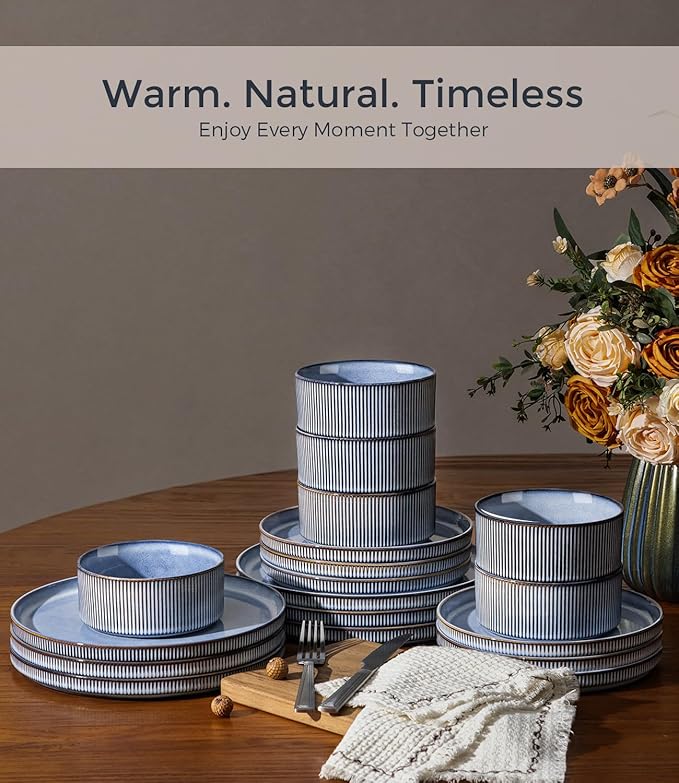 GBHOME 12-Piece Stoneware Dinnerware Set for 4 – Ribbed Ceramic Plates and Bowls Scratch-Resistant Microwave &amp Dishwasher Safe Reactive Glaze Deep Tidal Blue