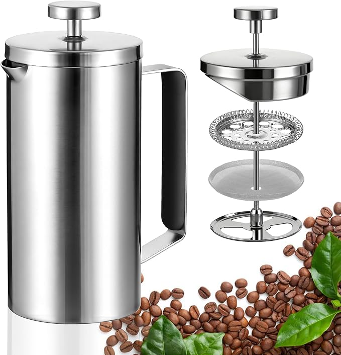 Samll French Press Coffee Maker 21OZ Stainless Steel 600ml Coffee Press with Black Handle for Personal Office TravelCamping (Sanding Silver 1-3 Cups)