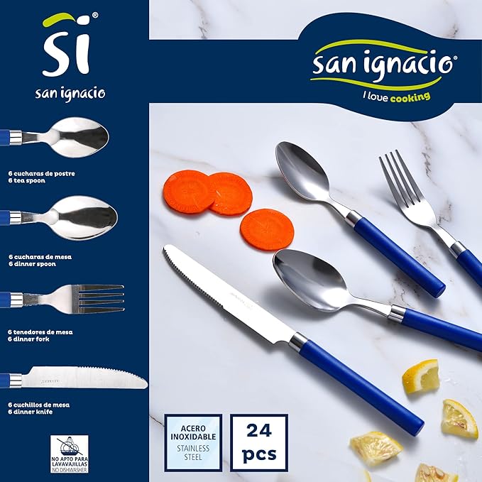 Pack of 3 Pans Diameter 20/24 and 28 cm + 24 Pieces Stainless Steel Cutlery Set with Blue Handles