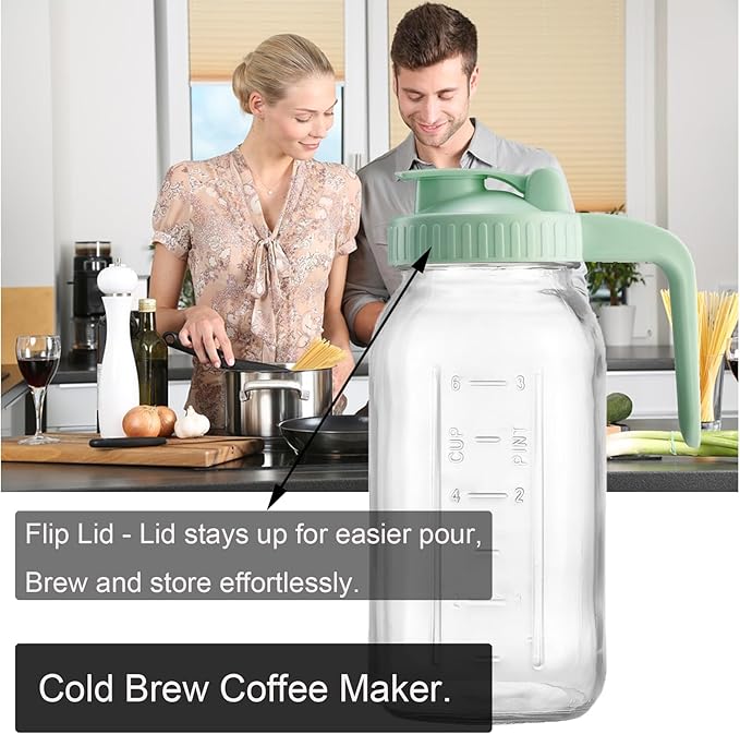 Fermus Set of 2 Cold Brew Coffee Maker 64oz / 2Quart Glass Pitcher with Stainless Steel Filter and Pour Spout Handle Lid Mason Jar for Making Cold Coffee Fruit Drinks Sun Tea (2)