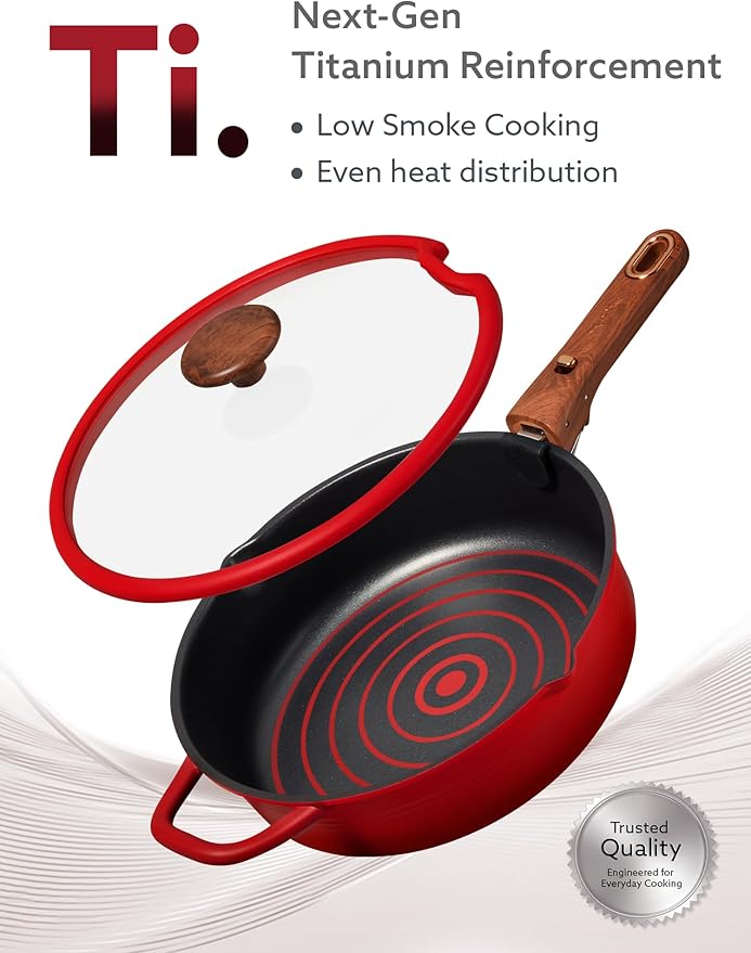 CAROTE 20Pcs Titanium Cookware Set Pots and Pans Set Non Stick Kitchen Cooking Set with Detachable Handle Non Toxic Induction Cookware - Camping Cookware Dishwasher/Oven Safe Red