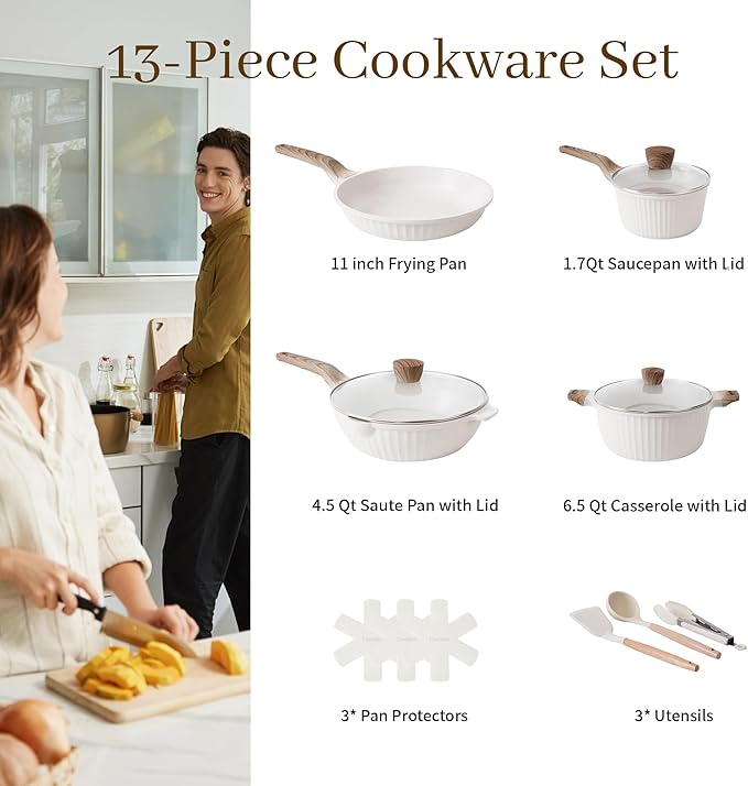 13-Piece Nonstick Pots and Pans Set – Granite Stone Kitchen Cookware Set PFOA-Free – Includes Frying Pans Saucepans Sauté Pan – Induction Compatible White