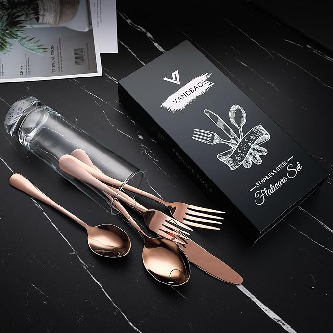 VANDBAO Coppery Flatware Cutlery Silverware Set 20 Pieces Stainless Steel Colorful Utensils Tableware Set Service for 4 Include Knife/Fork/Spoon Reusable Mirror Polished Dishwasher Safe