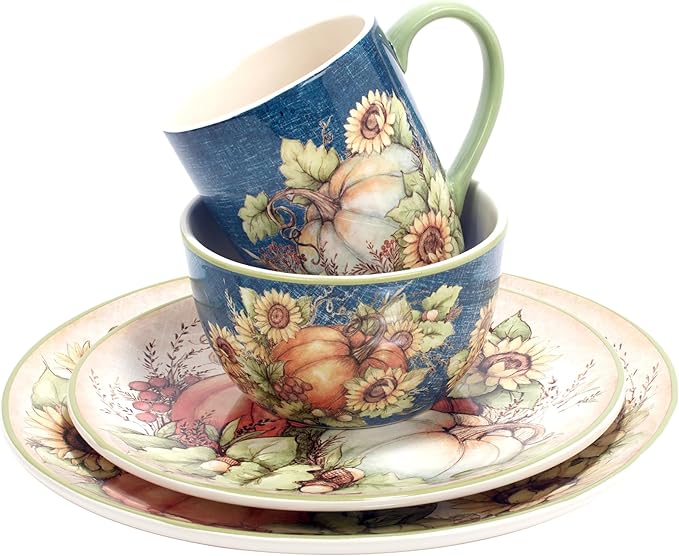 Autumn Breeze 16-Piece Ceramic Dinnerware Set Service for 4 – Celebrate fall gatherings with sunflowers pumpkins and rich harvest hues perfect for cozy dinners and festive autumn tablescapes