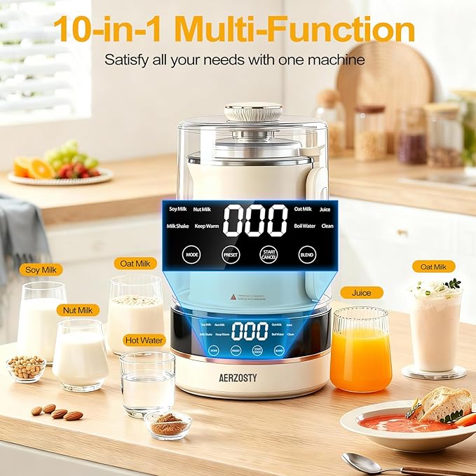 10 in 1 Nut Milk Maker Machine 40oz/1.0L Soy Milk Maker with Auto Clean/24H Delay/Keep Warm/Boil Water Almond Milk Maker for Homemade Oat Juice Milk Shakes Plant Based and Dairy Free Beverages