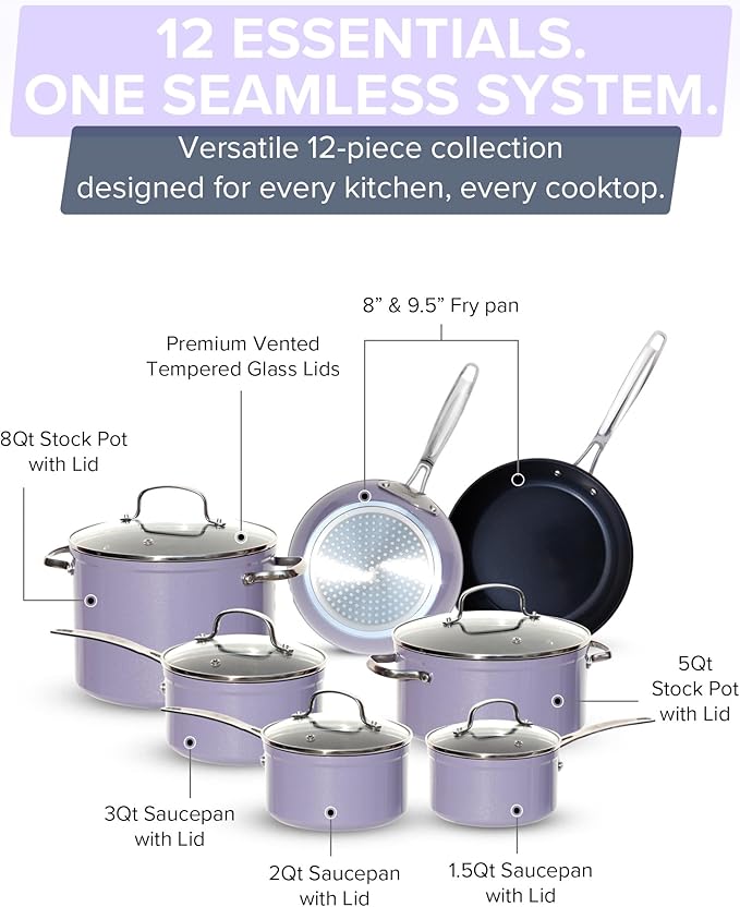 Nuwave Healthy G11-Pots and Pans Set Non Stick 9H Near-Diamond Hardness Scratch-Resistant Works on All Stovetops PFAS Free with Frying Pans Saucepans &amp Glass Lids Stay-Cool Handles Lilac