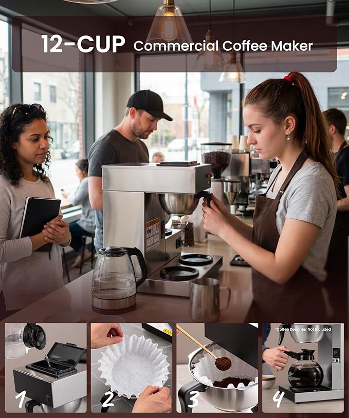 SYBO Commercial Coffee Maker 12 Cup Pour Over Drip Coffee Maker Brewer with 3 Lower Warmers Stainless Steel Cafetera