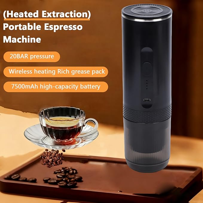 Fockety Portable Coffee Machine 20Bar Pressure Rechargeable Coffee Maker with USB C Dual Use Fast Heating Ground Coffee Capsules Espresso Machine for Outdoor Travel Office Home (Black)