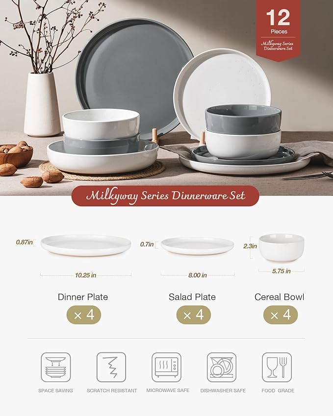 Famiware Milkyway Plates and Bowls Sets 12 Pieces Stoneware Dinnerware Sets Dishes Set for 4 White &amp Dark Gray