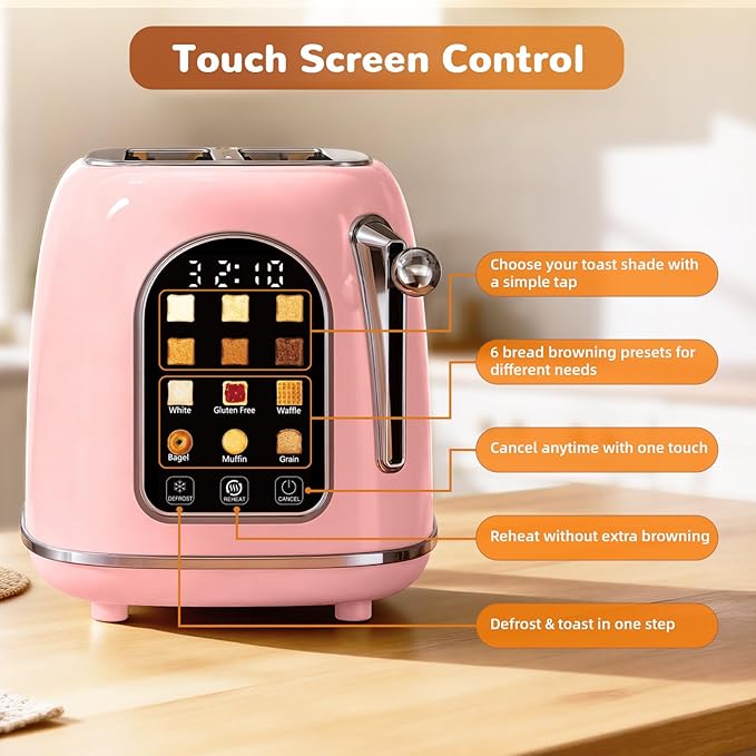 Mecity Toaster 2 Slice Touch Screen Wide Slot Retro Toaster For Breads Bagel Muffin Waffle House Warming Gift New Home 120V 825W Pink Color