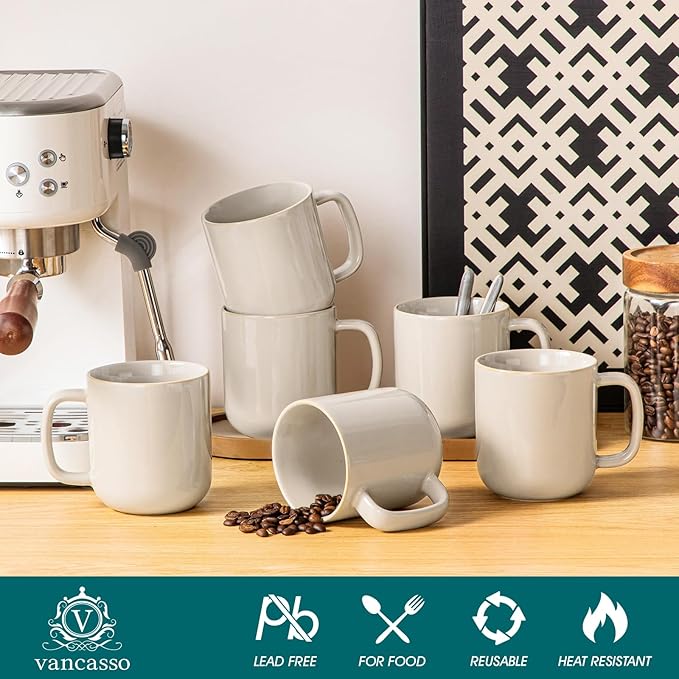 vancasso PLAYA Plates and Bowls Sets12 Pieces Grey Dinnerware Sets and 16 oz Large Ceramic Coffee Cups Set of 6 Stoneware Mugs with Handle for Latte Tea Cappuccino Milk Cocoa