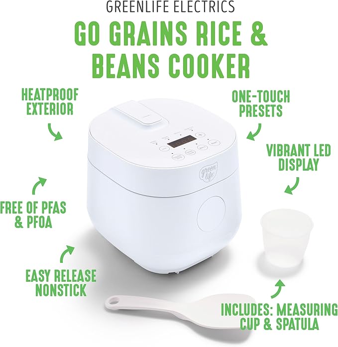 GreenLife Digital Rice &amp Beans Cooker 2-Cups Uncooked/4-Cups Cooked Removable Nonstick Ceramic PFAS-Free Pot One-Touch Presets Oats Quinoa Brown Rice Auto Keep Warm Fuzzy Logic Tech 1.5 Q