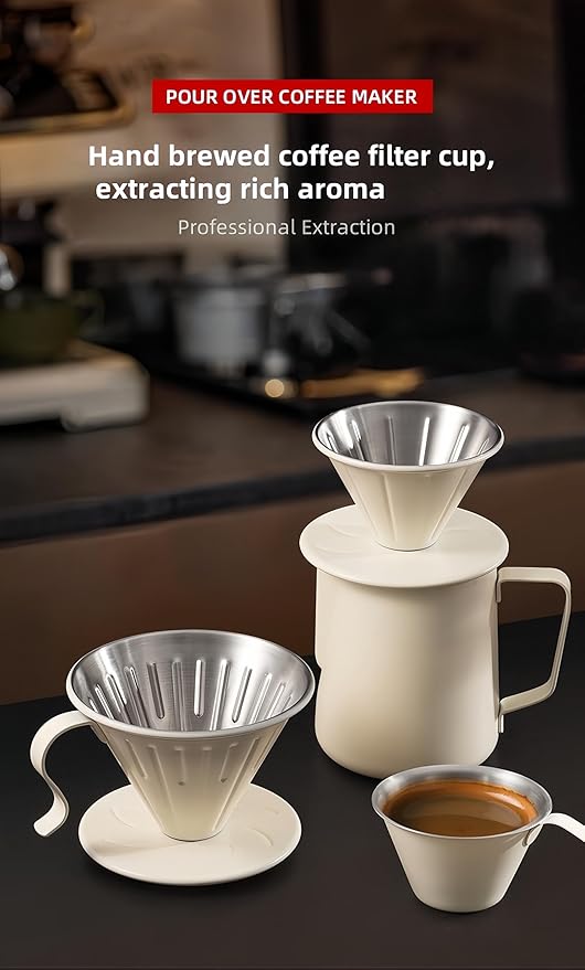 Premium Pour Over Coffee Maker - Professional Extraction Food-Safe Design &amp Easy Clean | Includes 100 Natural Filters | Perfect for Home Office &amp Travel Use by Coffee Enthusiasts (Off white