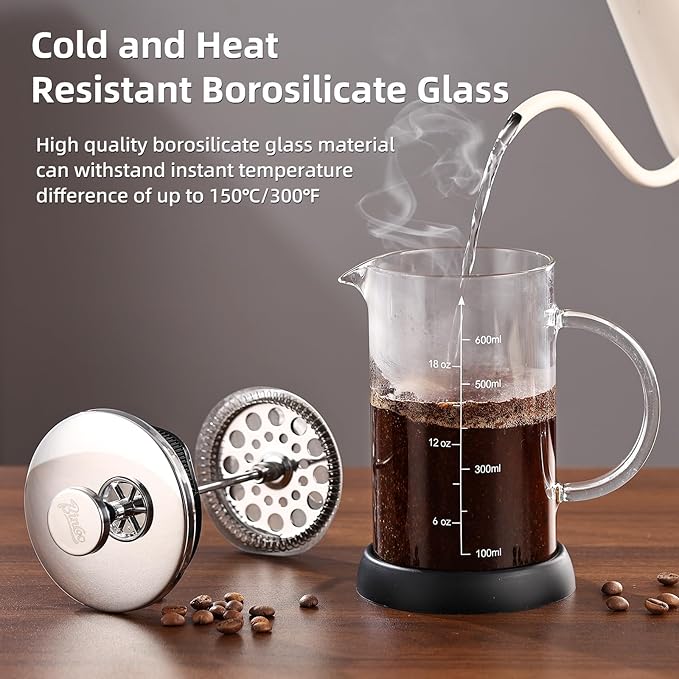 Bincoo French Press Coffee Maker 600ML - Single Layer Borolicate Glass Travel Coffee PressTea and Frothed Milk Press Easy to Use