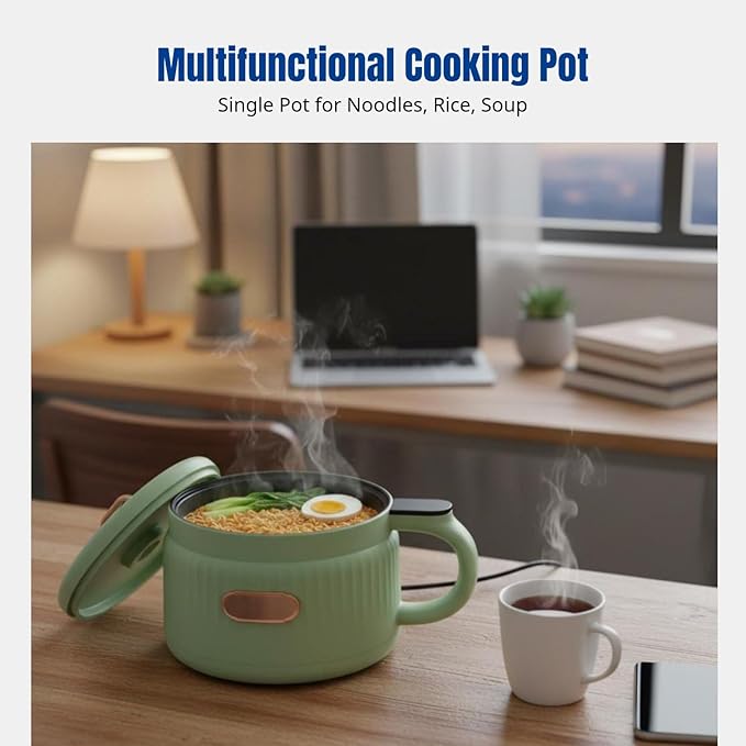 Small Rice Cooker 1.6L Noodle Cooker Keep Warm Portable Electric Pot Nonstick for 1-2 People Camping Cooking Soup Oatmeal Green