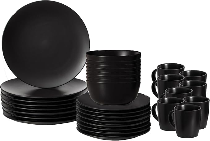 Rimmed Dinnerware Set | Mugs Salad and Dinner Plates and Bowls Sets Dishes with Highly Chip and Crack Resistant Dishwasher and Microwave Safe (Black Service For 8)