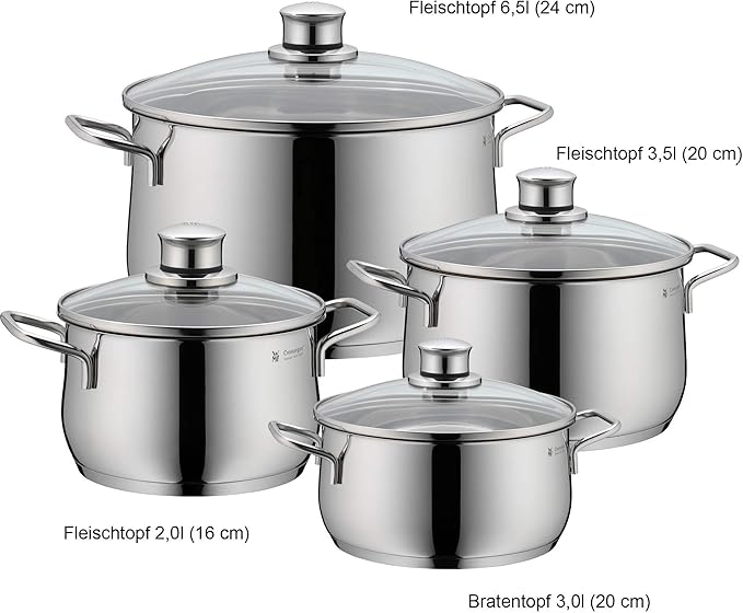 WMF Pot Set 4-Piece Diadem Plus Pouring Rim Glass Lid Cromargan® Stainless Steel Polished Suitable for Induction Hobs Dishwasher-Safe