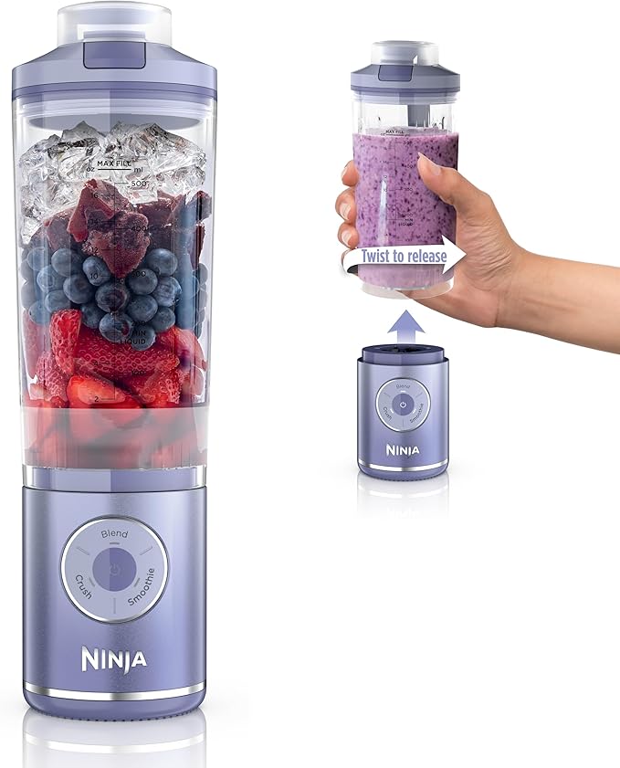 Ninja Blast Max Portable Blender + Twist &amp Go Personal Smoothie Blend Ice Crush 3 Programs Cordless 22 oz removable Vessel Dishwasher Safe Leakproof Lavender BC251LD