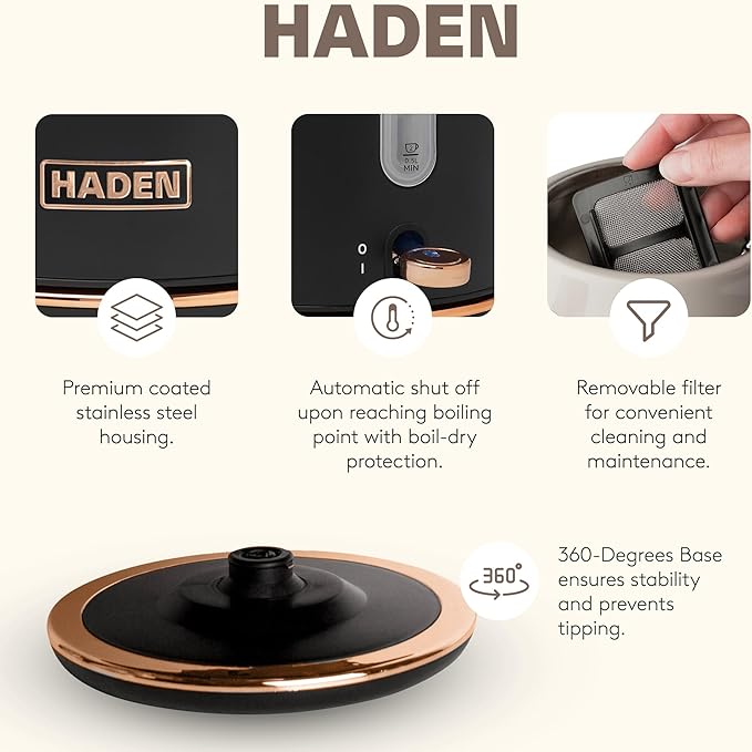 Haden Heritage 4 Slice Wide Slot Stainless Steel Toaster Bundled with 1.7 Liter Stainless Steel Electric Water Kettle Black &amp Copper