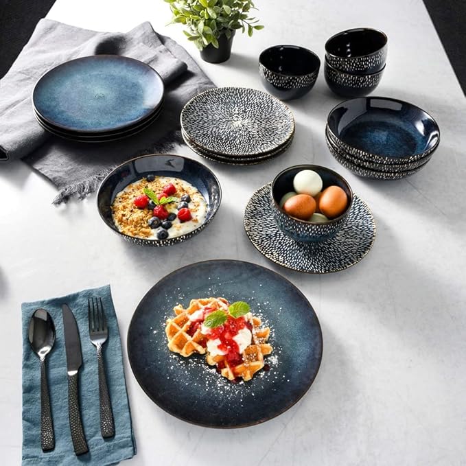 16 Piece Elegant Stoneware Dinnerware Set for 4 | Unique Style Reactive Glaze Finish With Striking Detailed Design Cobalt Blue Color Smooth Textured | Microwave &amp Dishwasher Safe Luxury Appearance