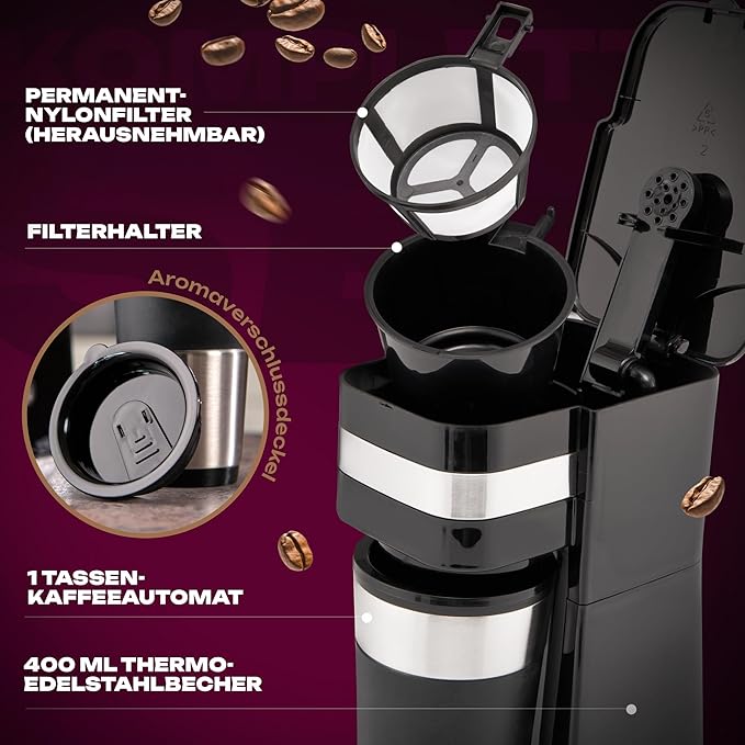 Clatronic Coffee Machine with Coffee To Go Mug 400 ml Suitable for All Standard Drink Holders (e.g. Car) Filter Coffee Machine with Stainless Steel Cup and Aroma Lid Coffee Machine Small KA 3733